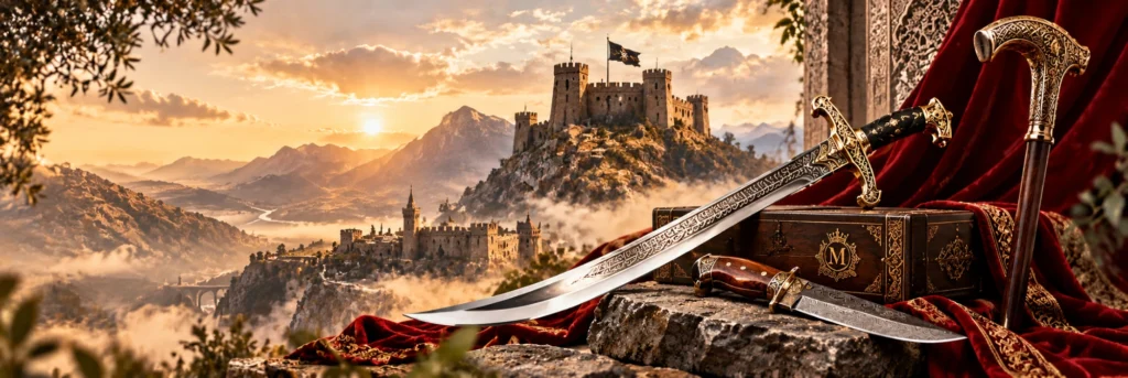 Engraved sword, Damascus knife and walking cane on red velvet with a castle at sunset